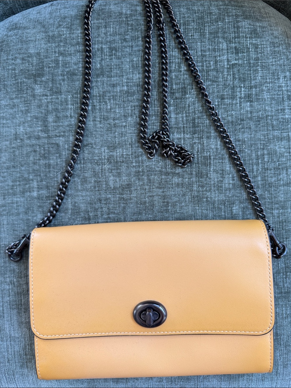 Coach Tan Leather Crossbody with Dark Gunmetal Chain